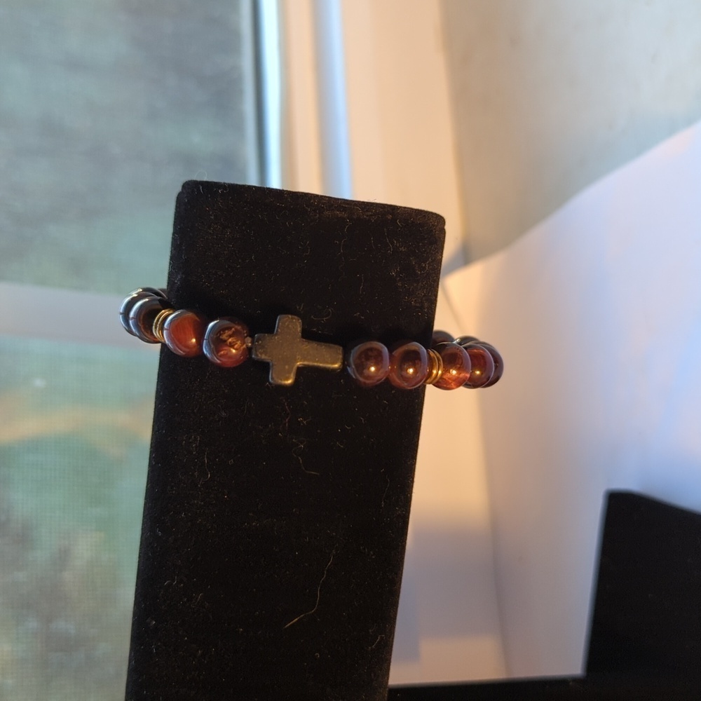Bracelet Anklet stones brown green stone cross, stretch